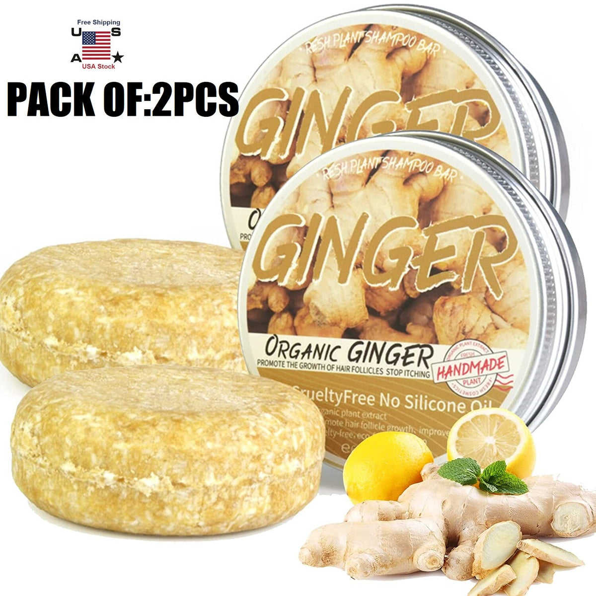Ginger Hair Regrowth Shampoo Bar for Hair Loss & Scalp Care - Pack of 1/2/3