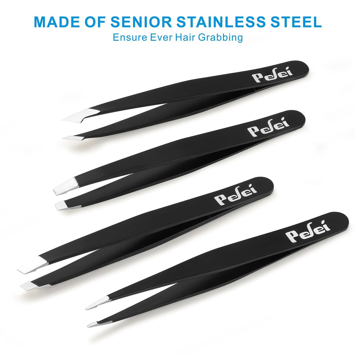 Professional Stainless Steel Tweezers Set - 4 Piece Travel Kit, Black