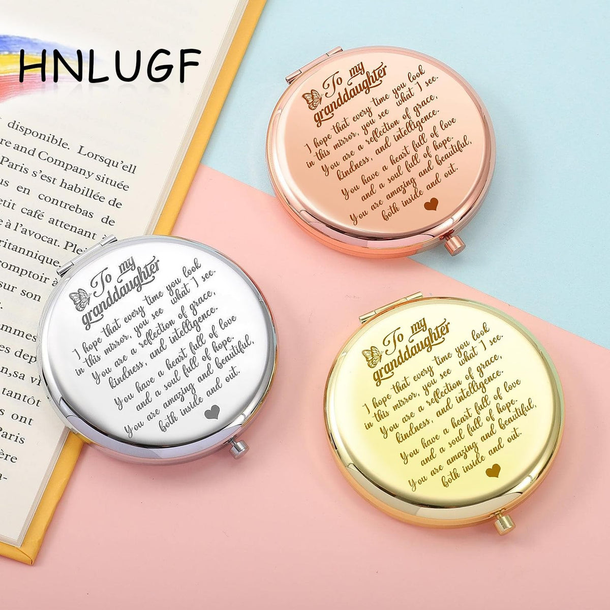 Engraved Compact Pocket Mirror for Granddaughter - Encouragement Gift, Double-Sided Makeup Mirror