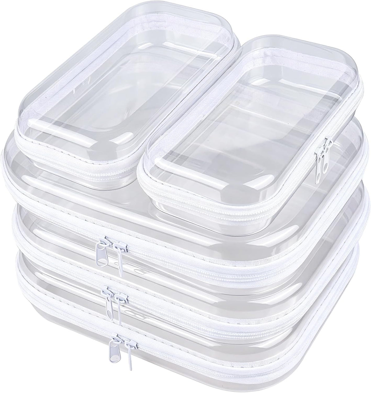 5-Pack Clear Hard Shell Zipper Cases with Lids - Large & Small Storage Pouches