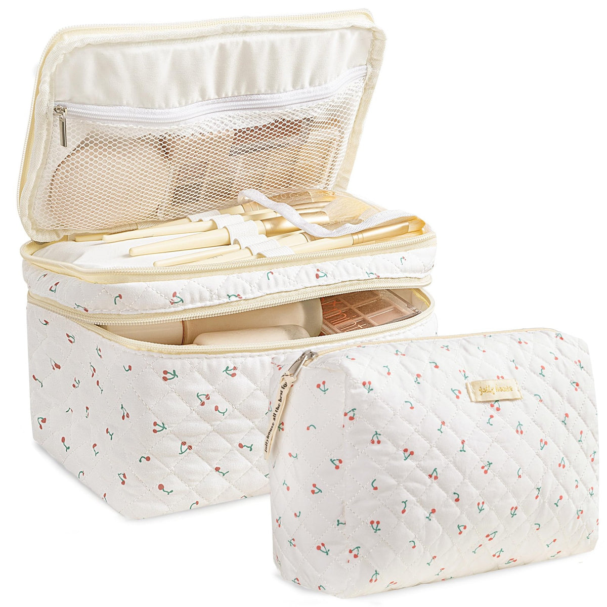 Large Cotton Quilted Travel Makeup Bag Set - Women Cosmetic Organizer