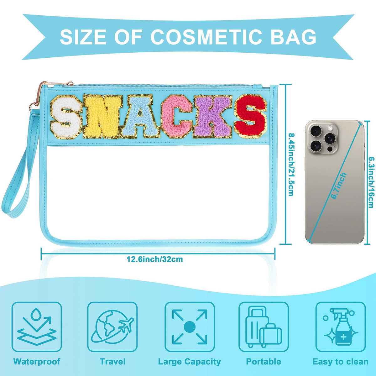Clear Travel Makeup & Snack Pouch with Chenille Letter Zipper Waterproof