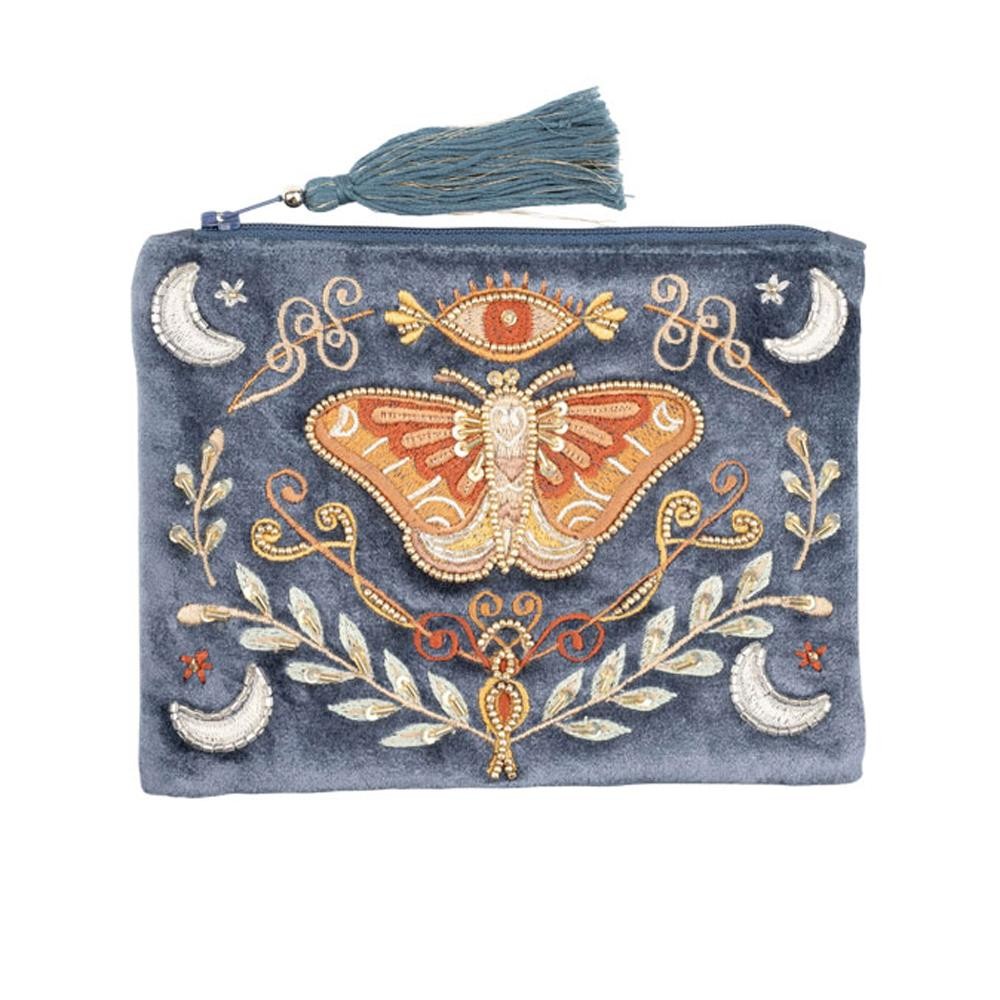 Velvet Moth Coin Purse with Embroidered Celestial Moon & Eye Design - Compact Zipper Wallet 6x4
