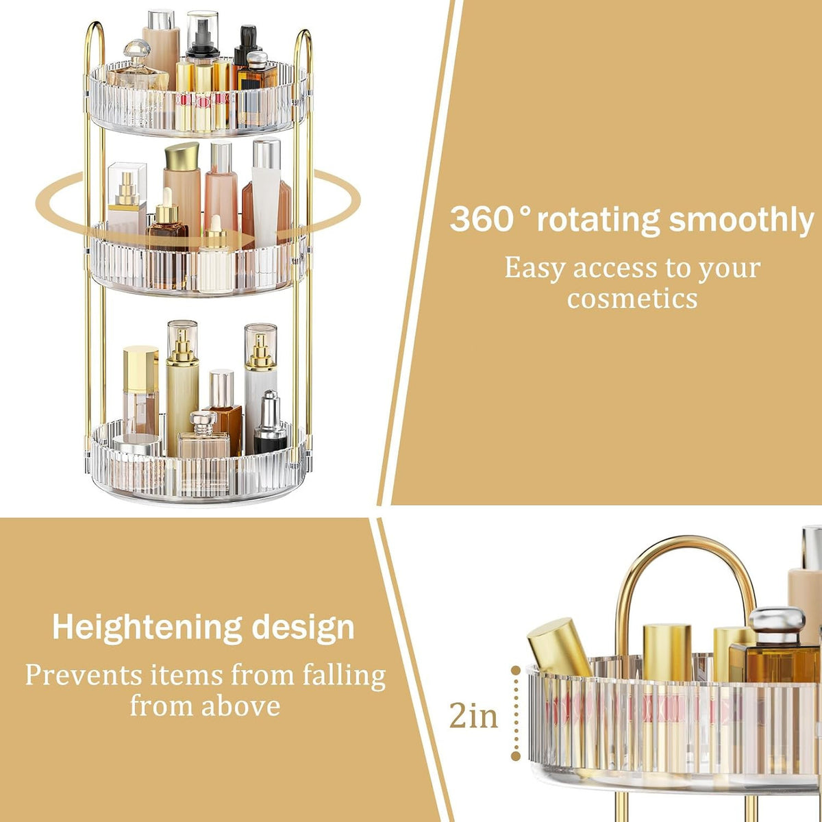 Rotating Makeup Organizer for Vanity, 3 Tiers, Clear, Adjustable Storage