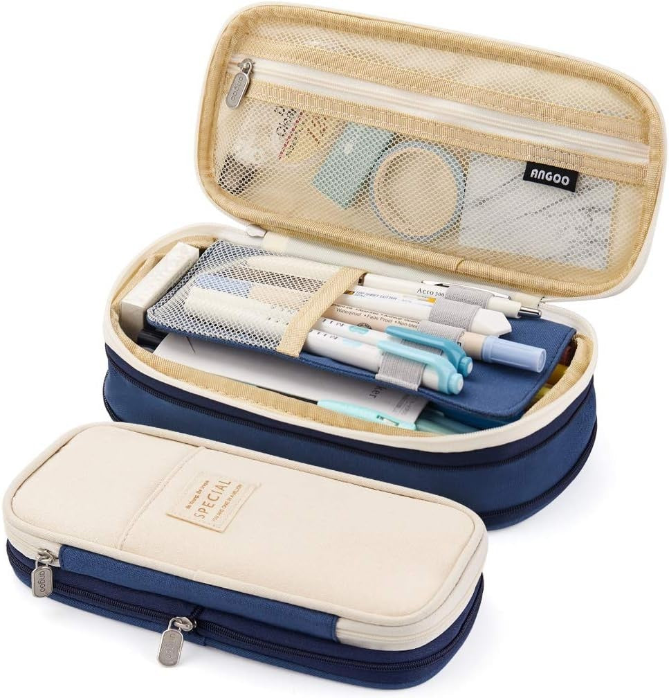 Multi-Function Blue Pen Case with 3 Compartments Travel Organizer