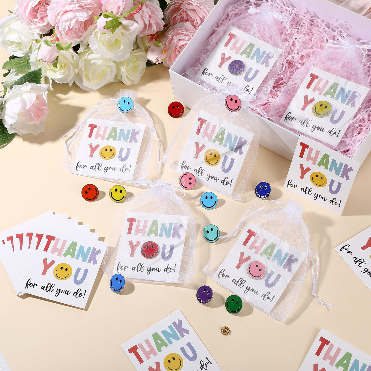 Thank You Gift Set with Smile Face Lapel Pins and Cards - Bulk 30 Pieces