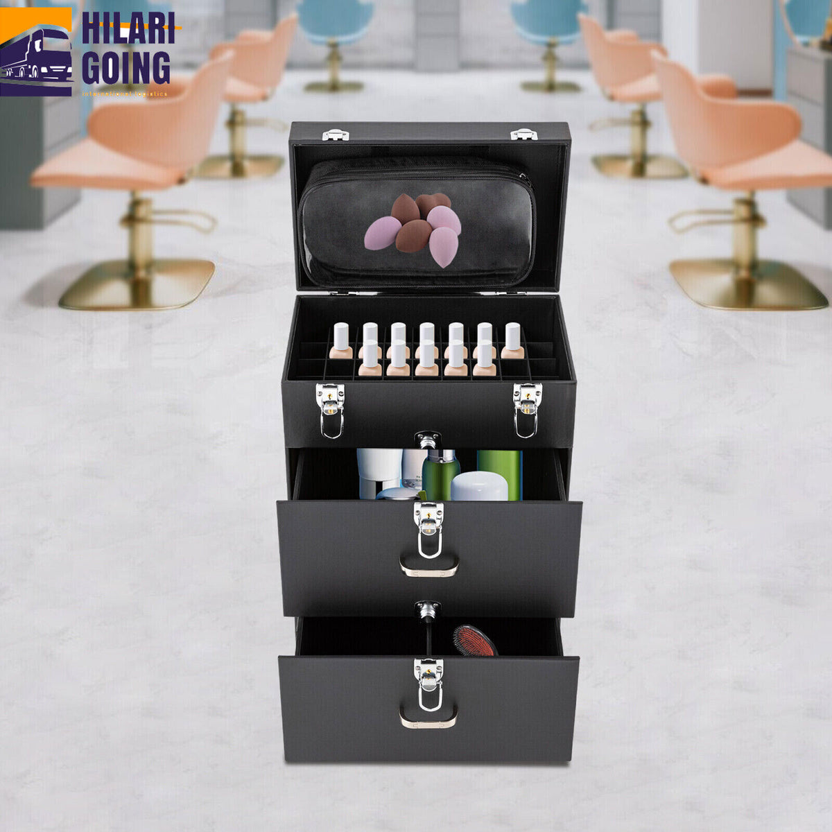 Rolling Makeup Train Case Aluminum Cosmetic Trolley Organizer with Locking Compartments