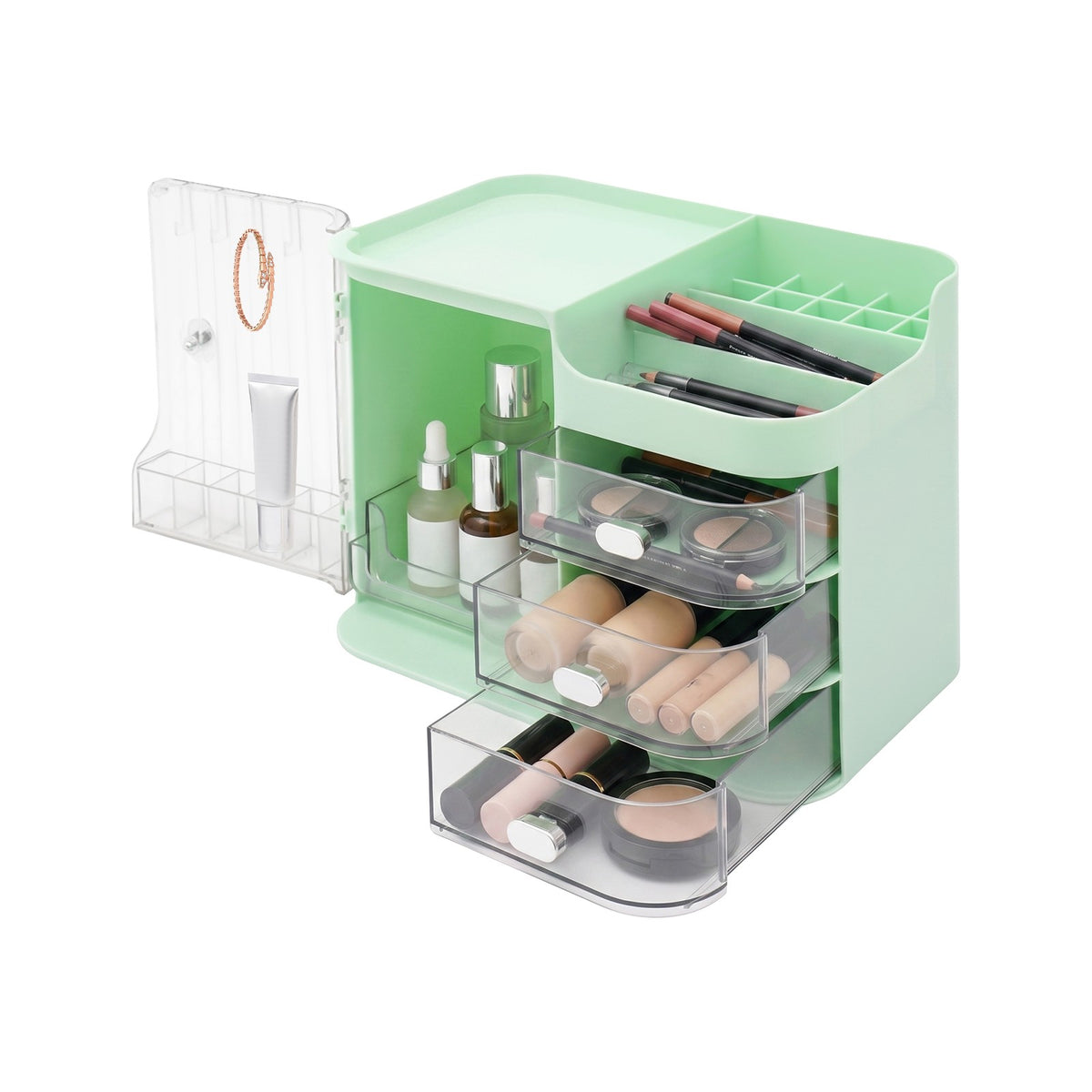 Tiered Makeup Organizer with Mirror and Multiple Compartments for Cosmetics