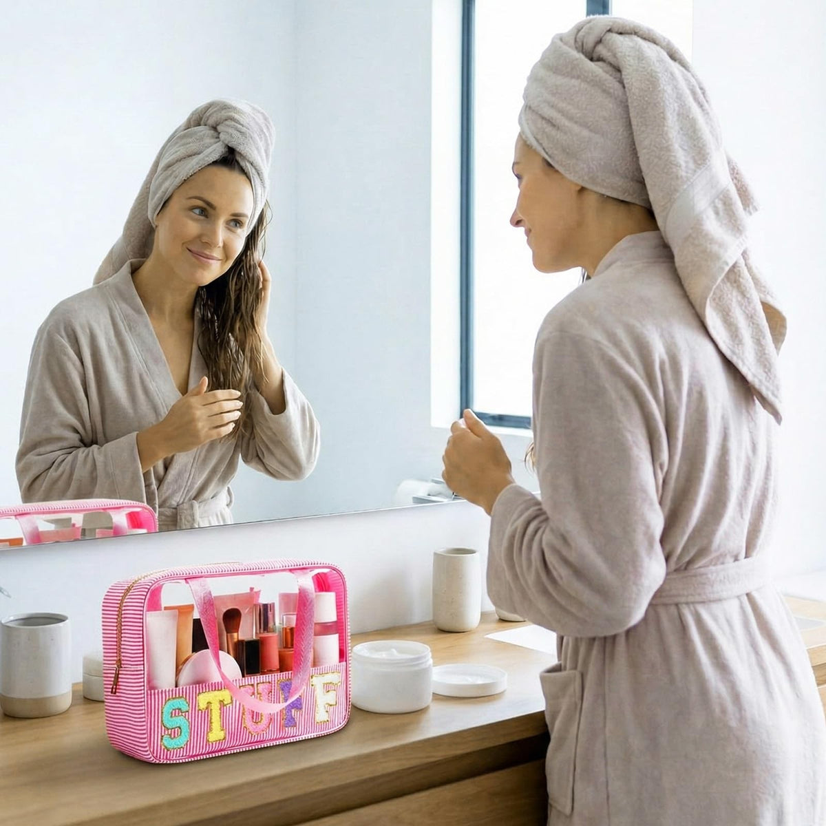 Seersucker Cosmetic Pouch with Handle - Pink Stuff, Portable Makeup Bag