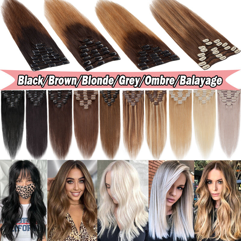 Russian Clip-In Hair Extensions 100% Remy Human Hair Full Head Long-Medium