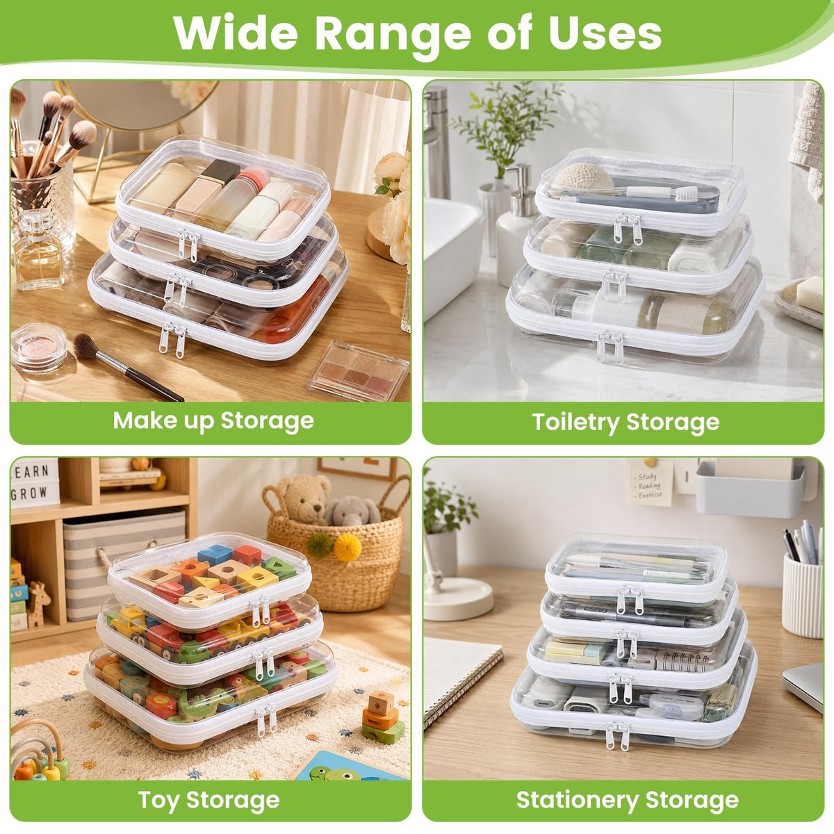 Clear Hard Shell Zipper Cases Set - Multi-Size Travel & Organizer Pouches