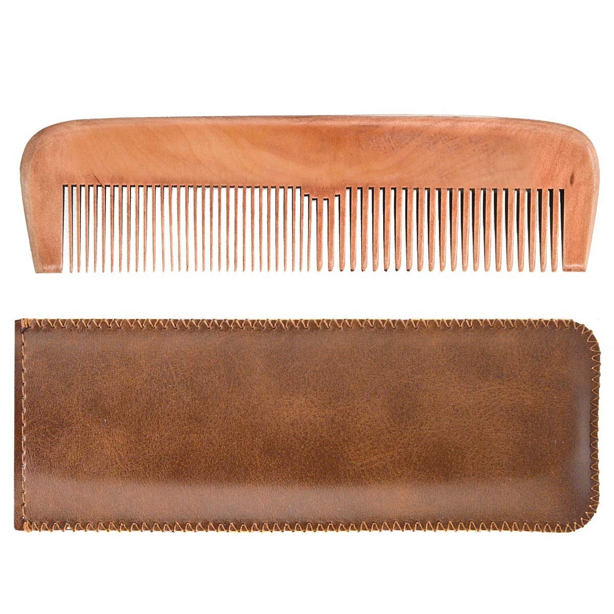 Wooden Hair Comb for Men with Leather Travel Case - Beard & Grooming Tool