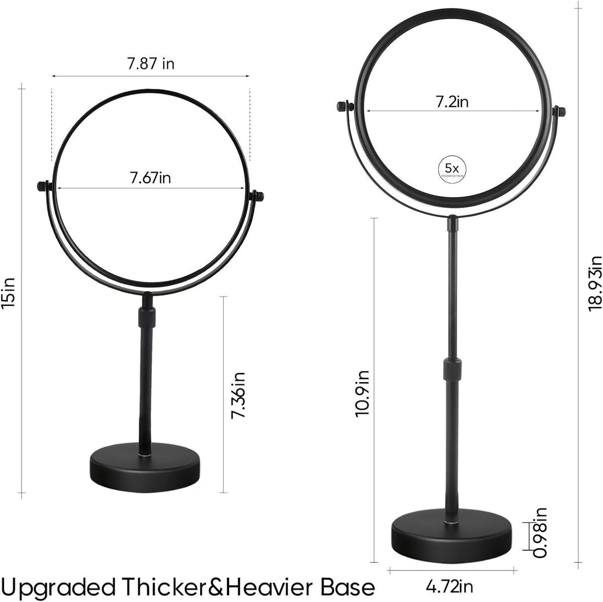 8 Inch 5X Magnified Tabletop Makeup Mirror - Adjustable Height
