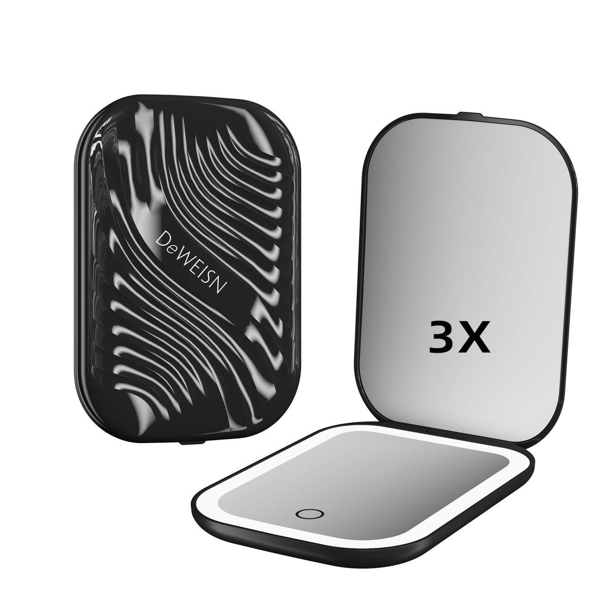 Black LED Compact Makeup Mirror with 1X/3X Magnification & Adjustable Lighting