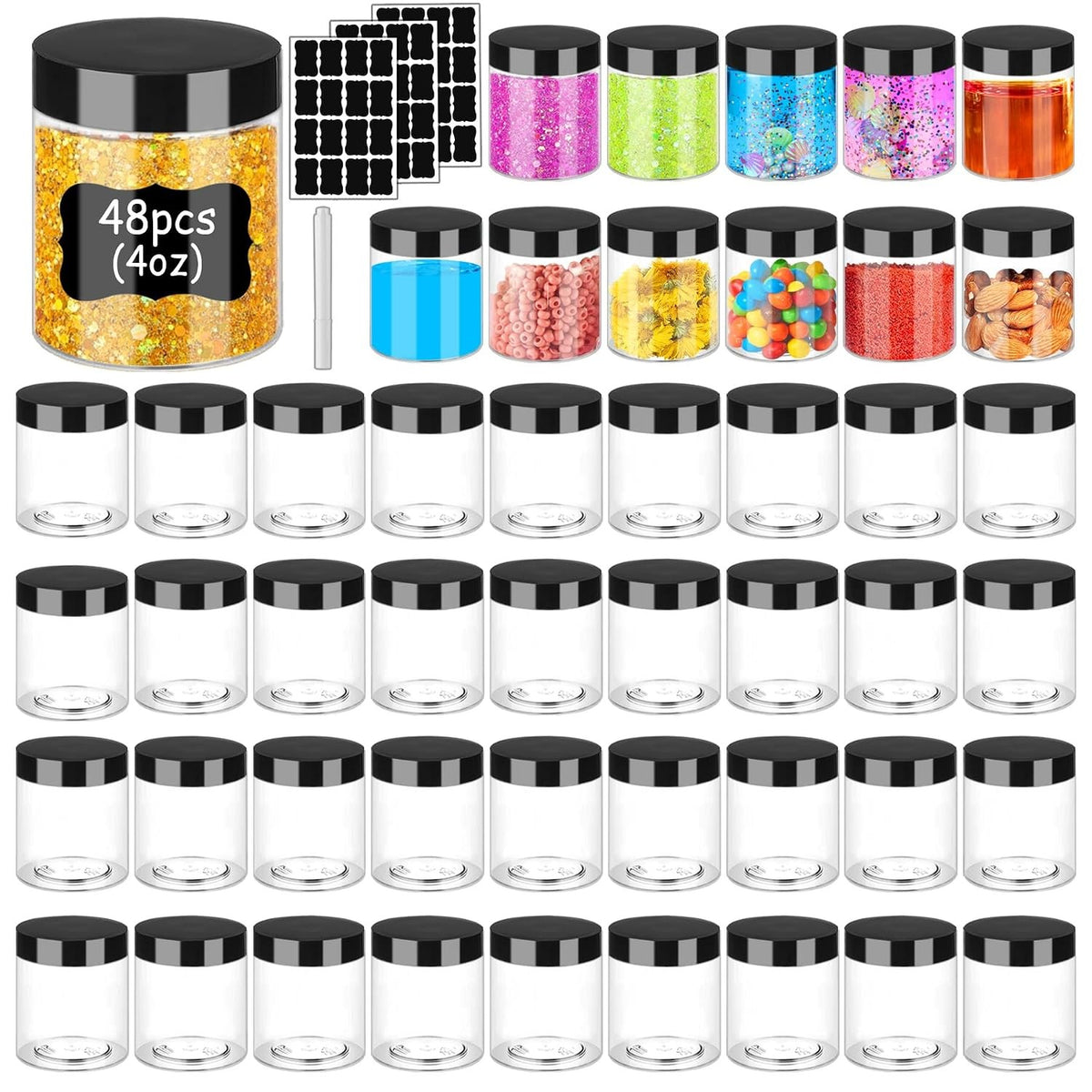 48 Pcs Reusable Clear Plastic Cosmetic Jars with Black Lids - Travel & Home Storage
