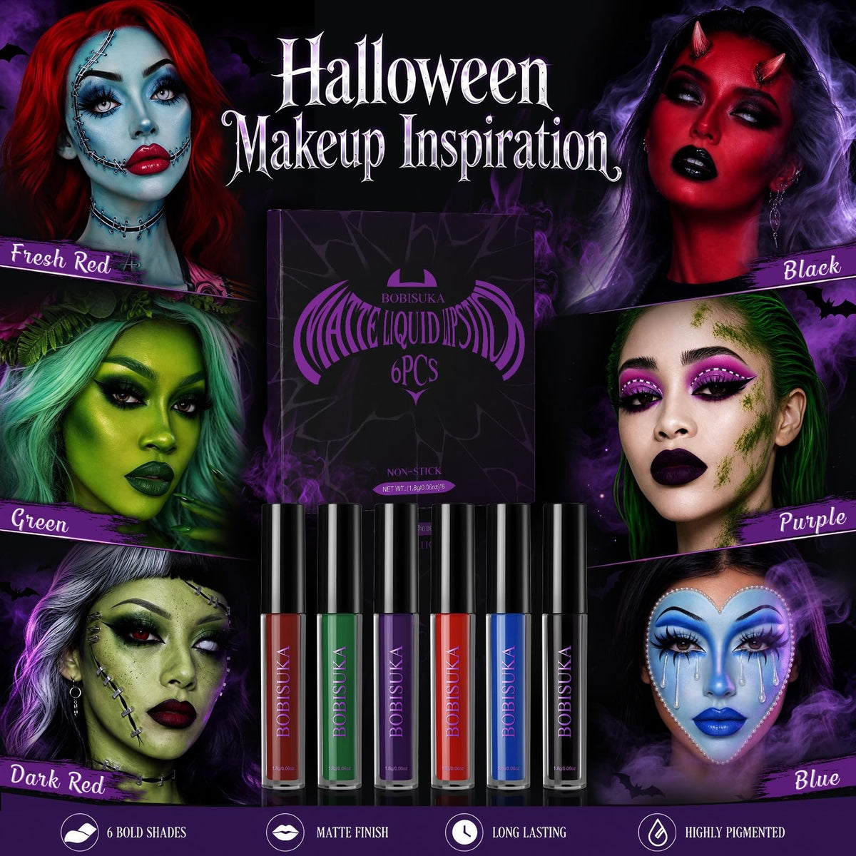 Halloween Liquid Lipstick Set - 6 Bold Gothic & Fantasy Colors