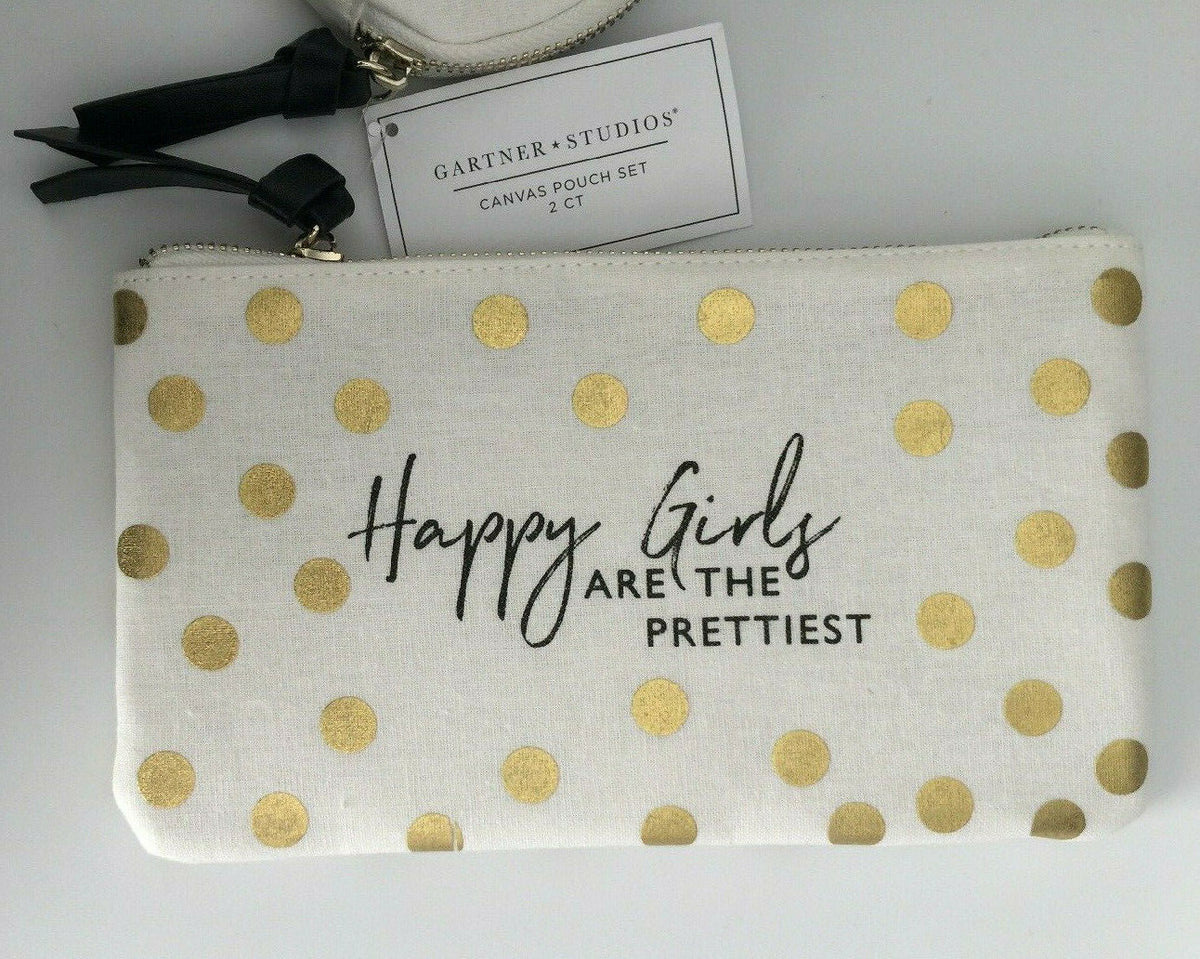 Gold Polka Dot Canvas Cosmetic Pouch Set - 2 Pieces Travel & Makeup Bag