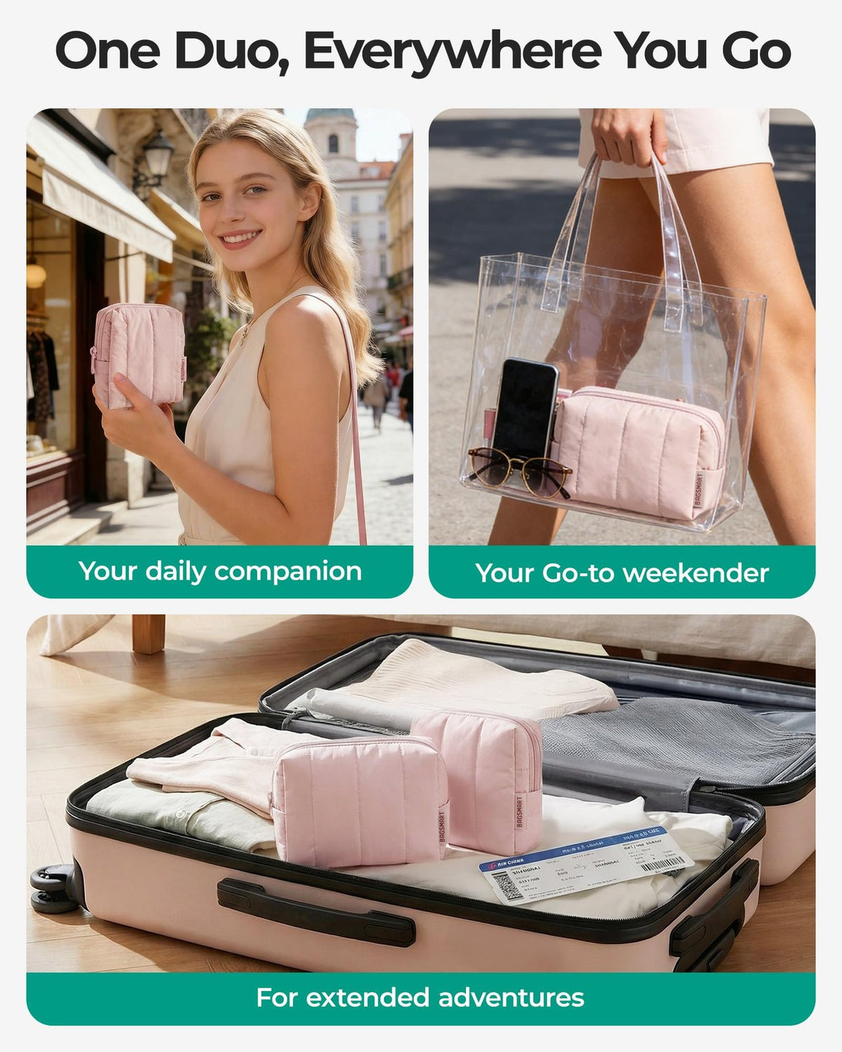 Travel Makeup Bag Duo - Large & Small Waterproof Padded Organizer for Women