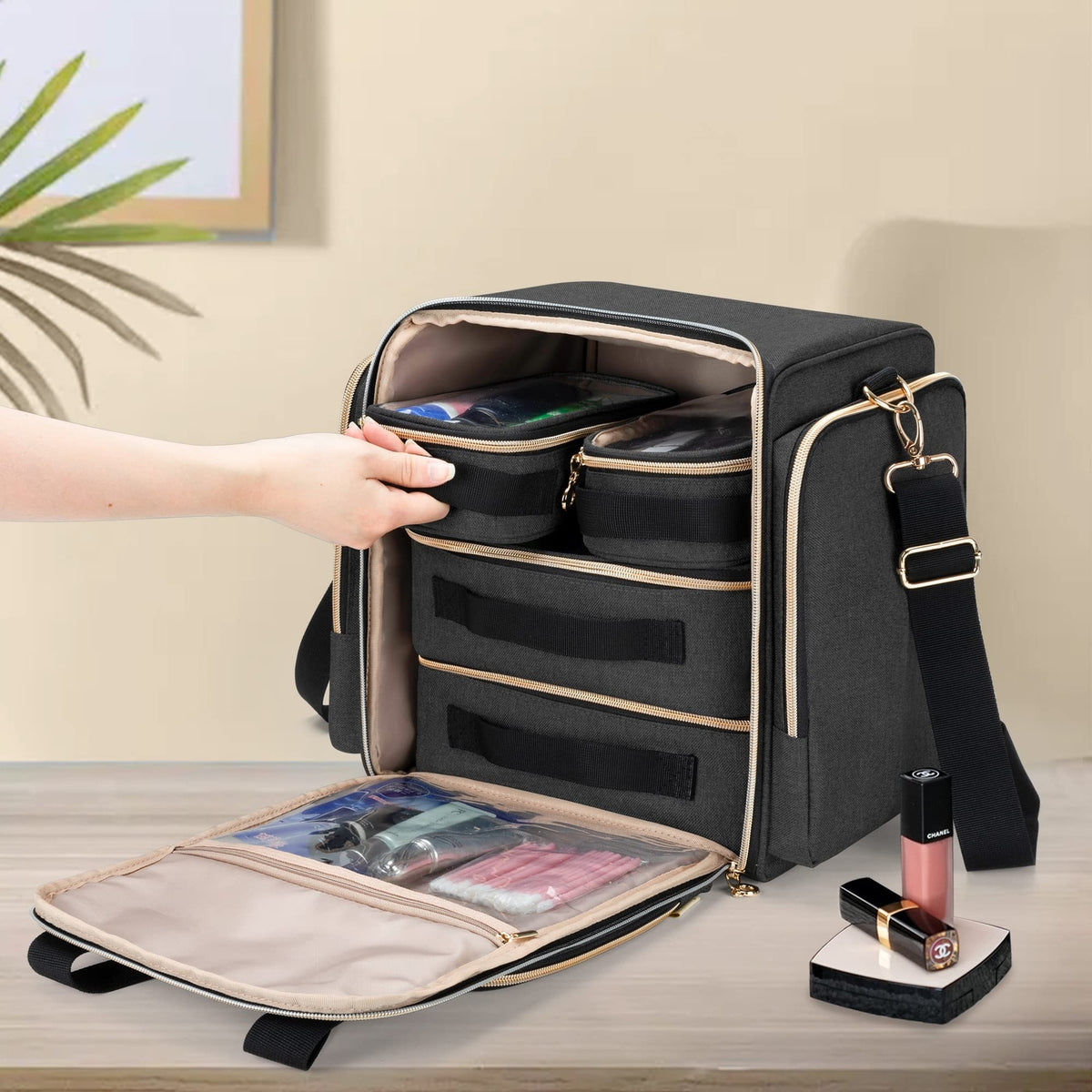 Large Travel Makeup Bag with Removable Cases and Multiple Storage Compartments