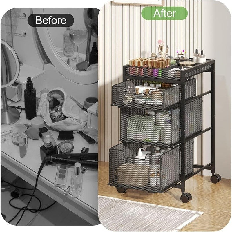 3-Drawer Rolling Makeup Organizer Cart with Dividers - Black