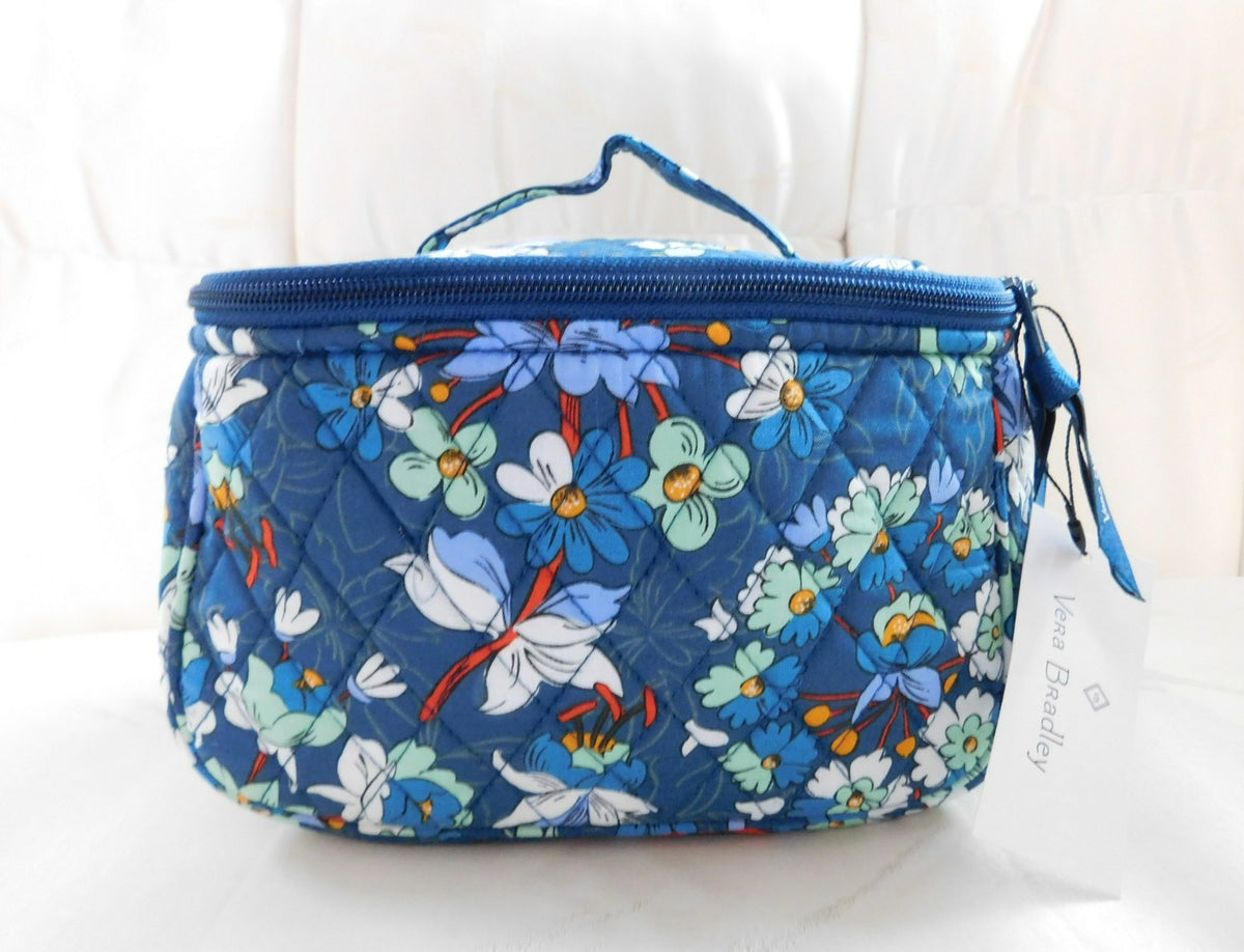 Travel Cosmetic Bag - Floral Pattern, Blue, Zip Closure, Inner & Mesh Pockets