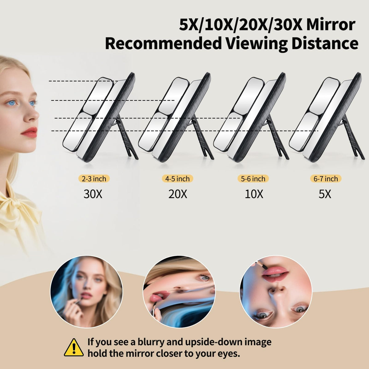 Rechargeable Travel Makeup Mirror with 5X-30X Magnification, Dimmable Light, Tri-Fold Design