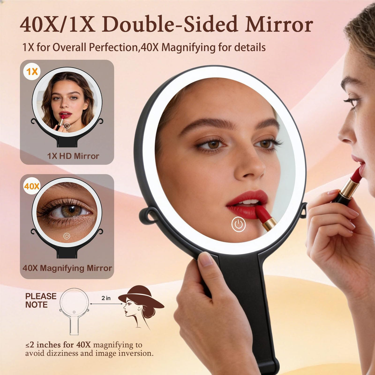 Double Sided Makeup Mirror with 40X Magnification and 3 Color LED Lights - Portable Handheld Mirror