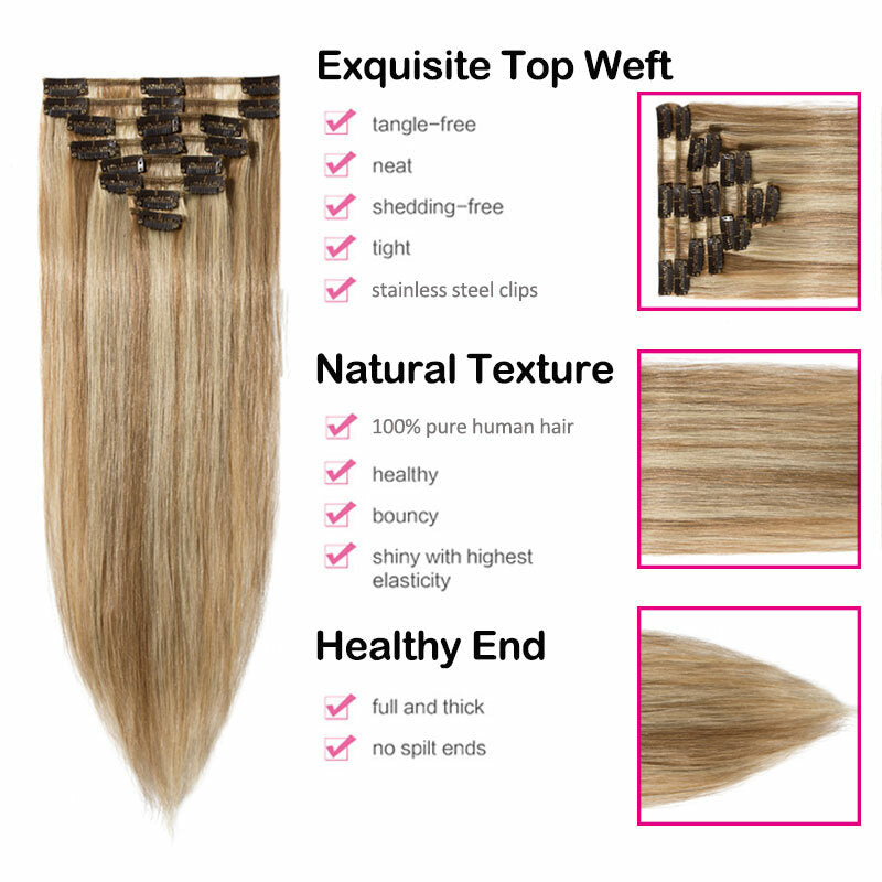 Clip-In Human Hair Extensions Full Head - Virgin Remy, Multiple Colors & Lengths