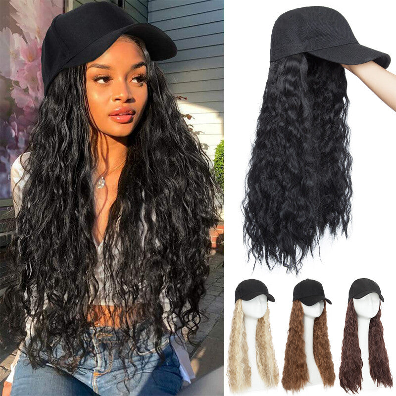 Baseball Cap with Synthetic Hair Extensions - Straight, Curly, Wavy Fits Most