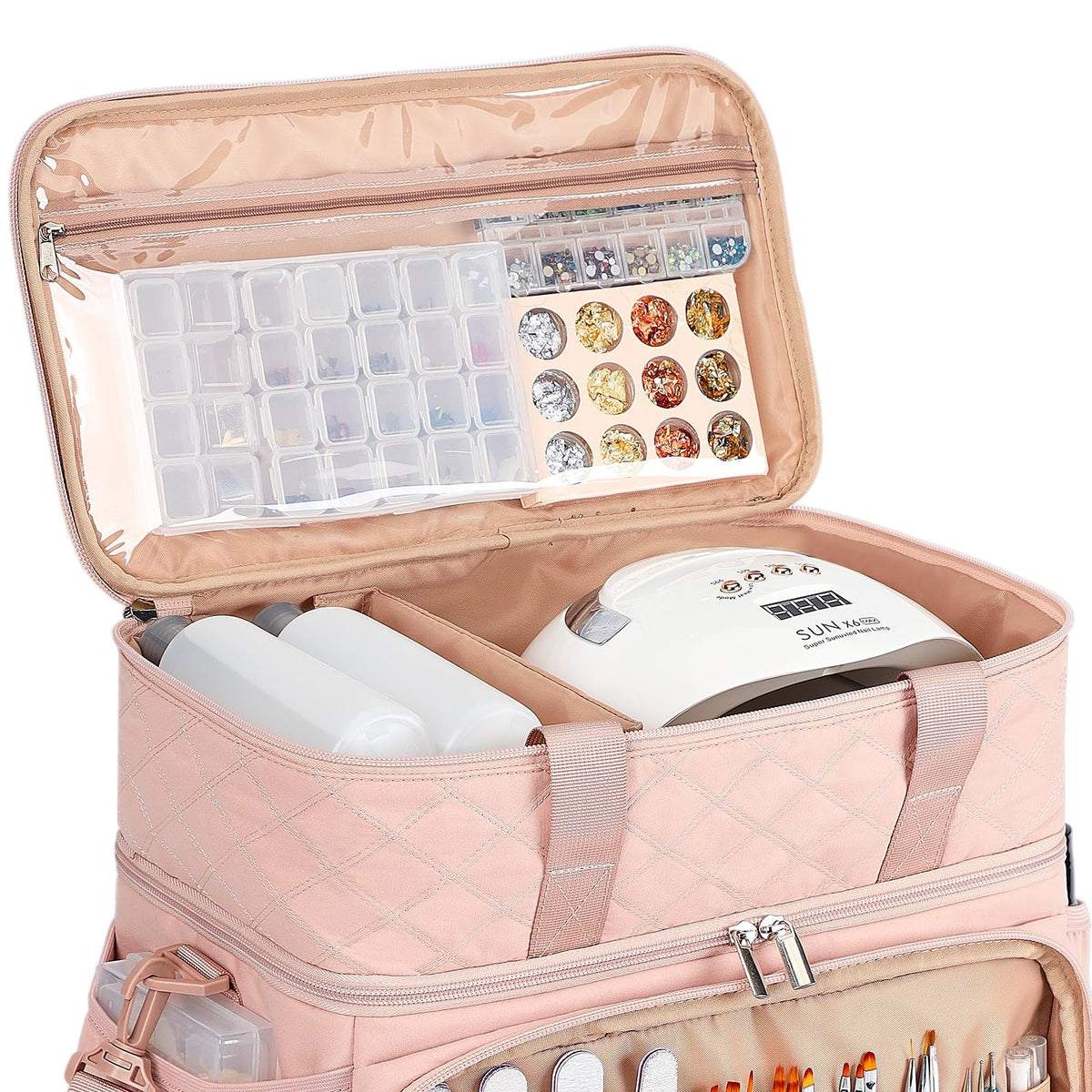 Double Layer Nail Polish Organizer with Lamp and Accessories Storage - Pink