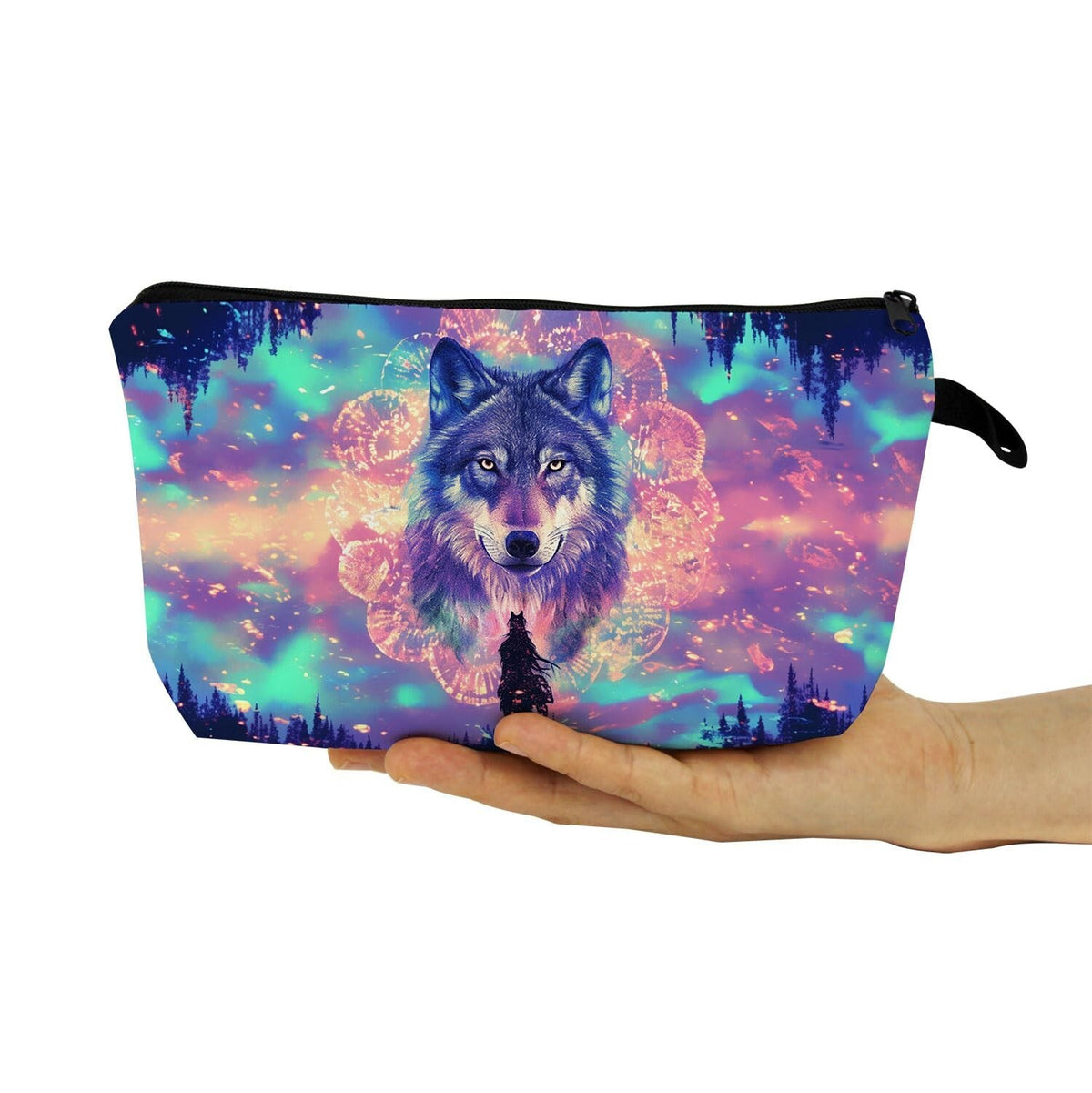 Cute Floral Wolf Makeup Bag Small Cosmetic Organizer with Zipper