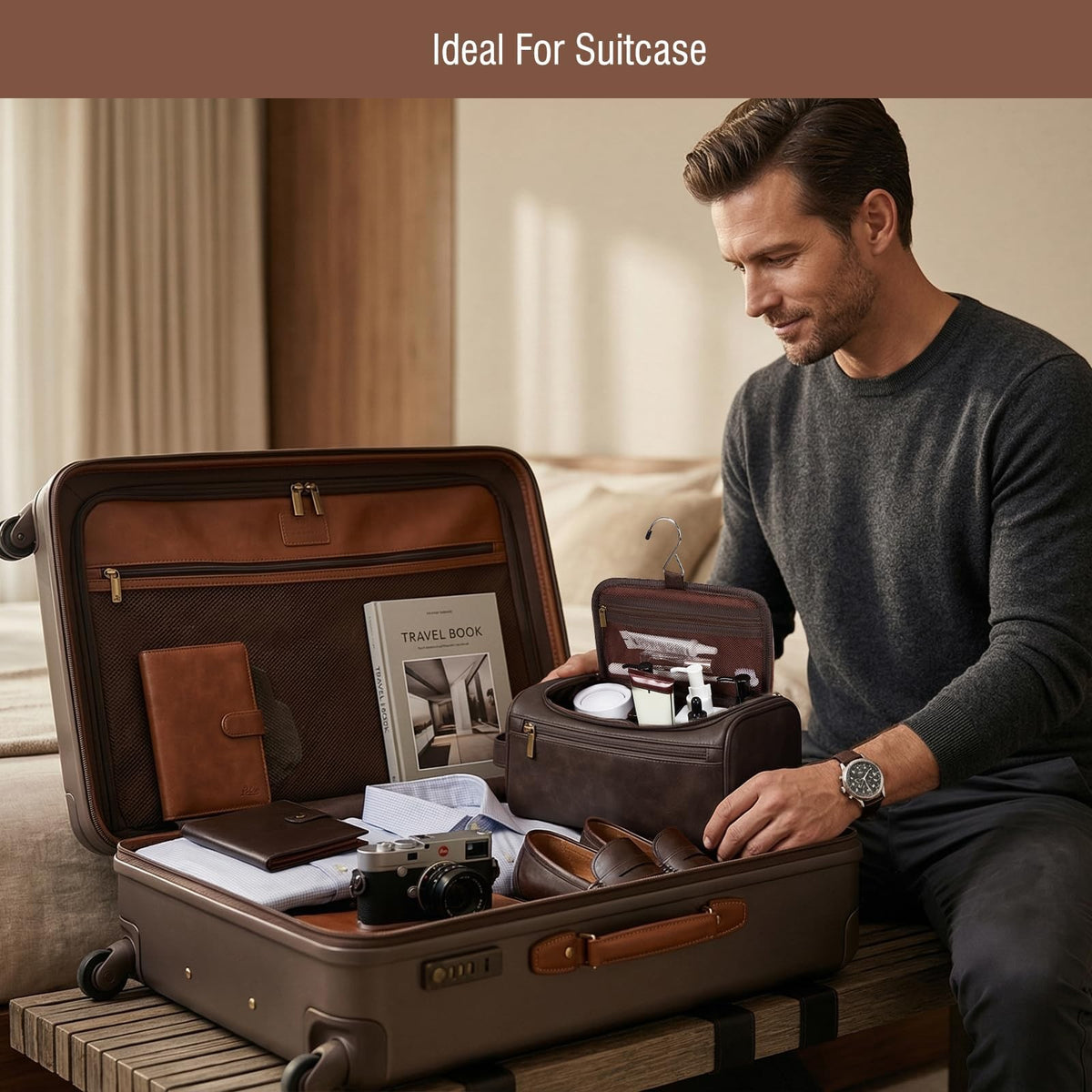 Personalized Waterproof Travel Toiletry Bag for Men - Leather Dopp Kit with Initials