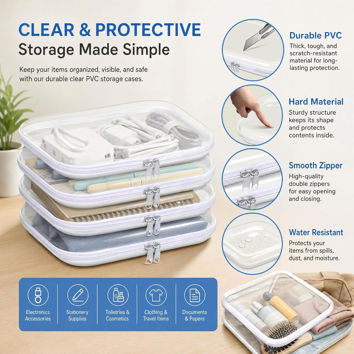 Clear Hard Plastic Zipper Storage Case Set - Portable Travel Organizer with 3 Pouches
