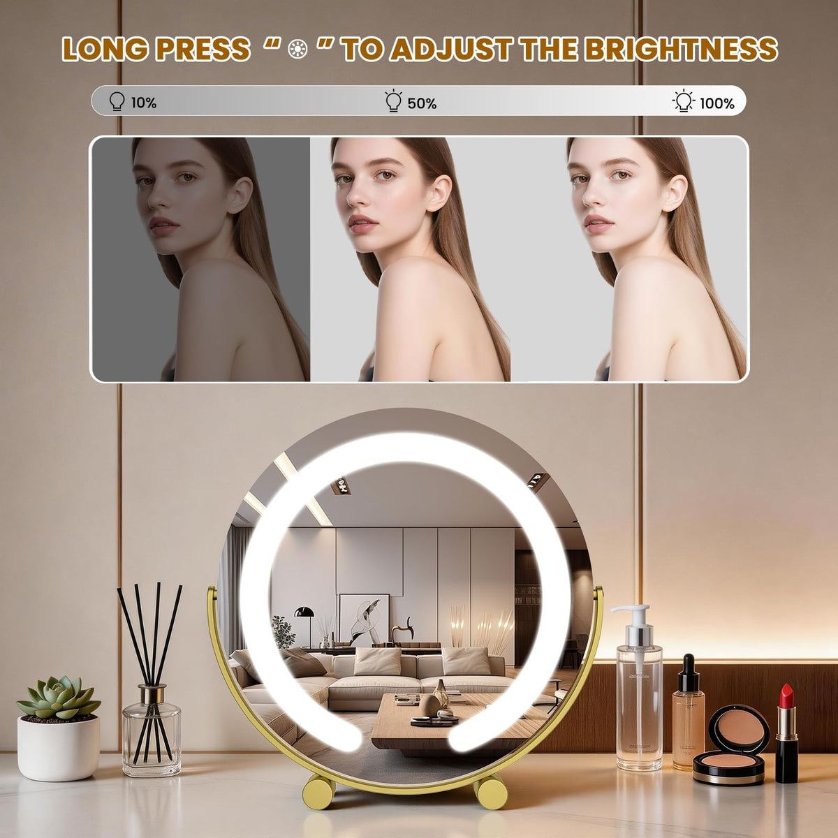 12-Inch LED Lighted Makeup Vanity Mirror with Touch Control, Dimmable & Rotatable, Gold Finish