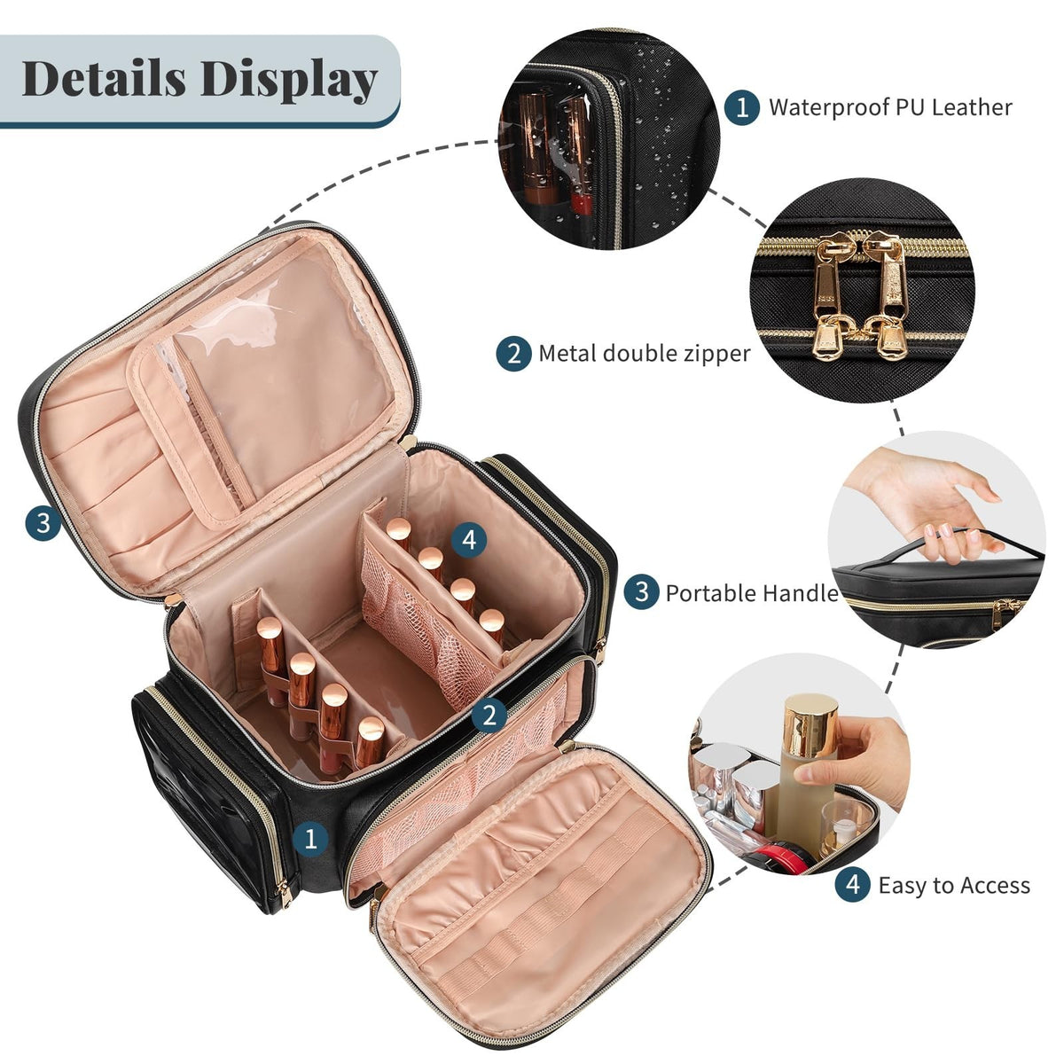 Large Travel Makeup Bag Organizer with Brush Compartments & Pockets - Waterproof Cosmetic Bag for Women & Girls