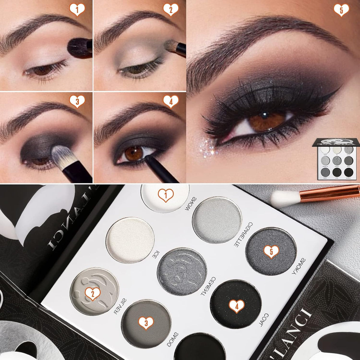 Smoky Eye Shadow Palette 9 Color Black Gray Matte Shimmer Glam Palette