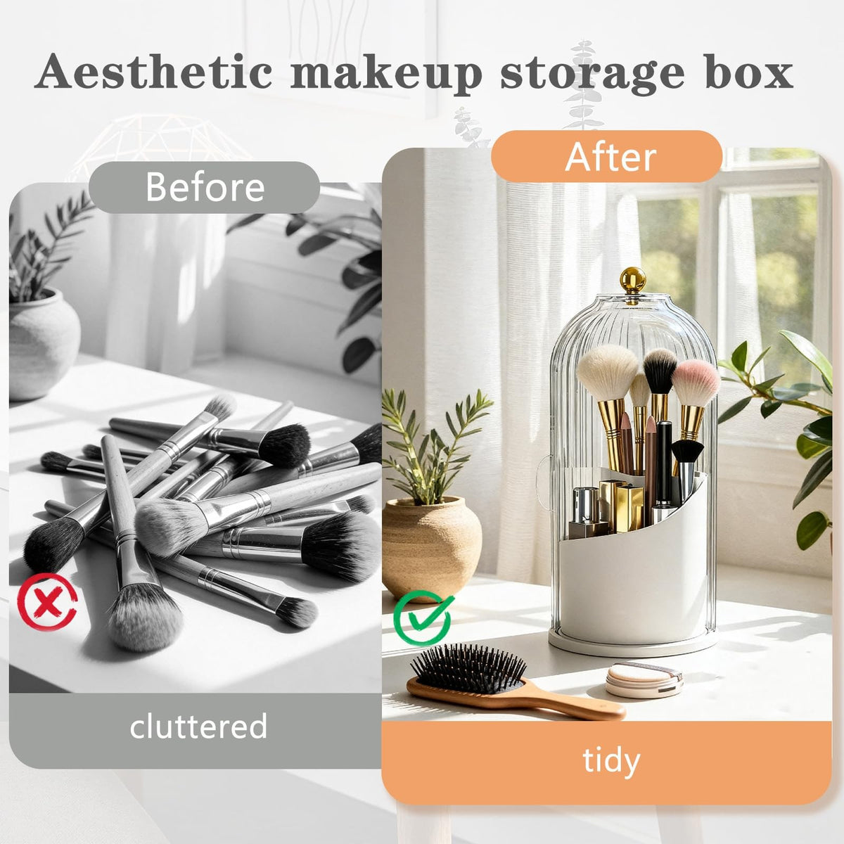 Makeup Brush Holder with Lid 3-Compartment Rotating Organizer Dustproof