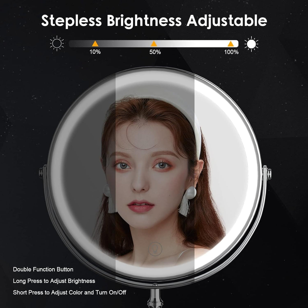 Rechargeable Double-Sided LED Makeup Mirror with 10X Magnification and 3 Color Lights