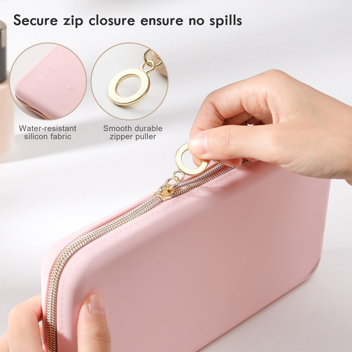 Large Silicone Makeup Brush Bag with Zipper - Travel Cosmetic Pouch, Pink