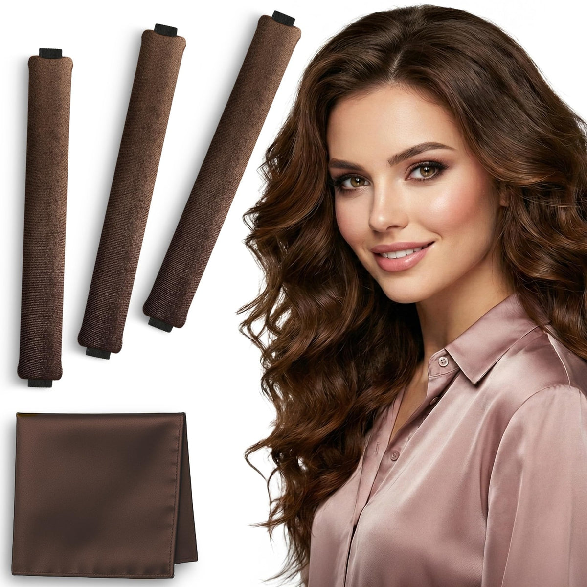 Heatless Hair Curling Rods Set - Brown Velvet Curlers for Overnight Styling