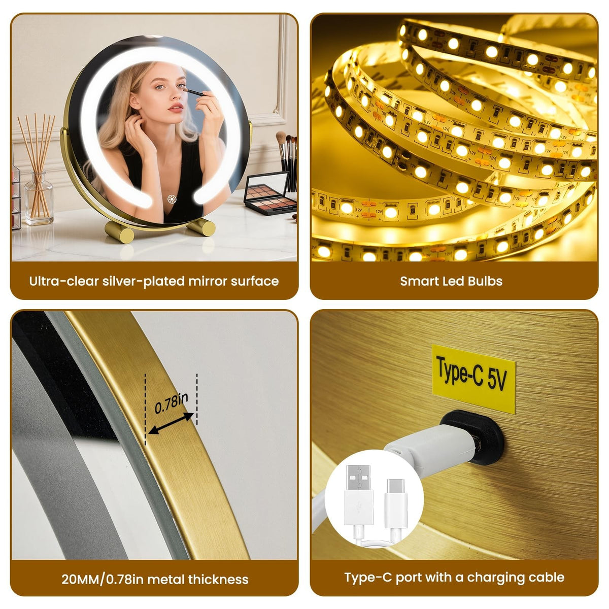 12-Inch LED Lighted Makeup Vanity Mirror with Touch Control, Dimmable & Rotatable, Gold Finish