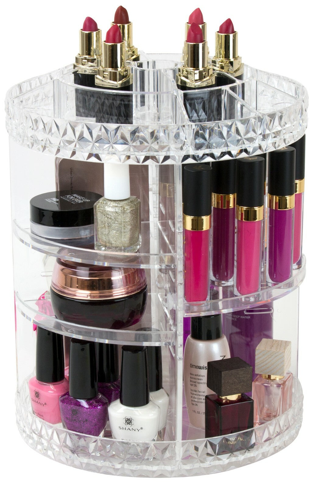 Rotating Makeup Organizer with Adjustable Shelves - 15 Slots, Clear or Pink