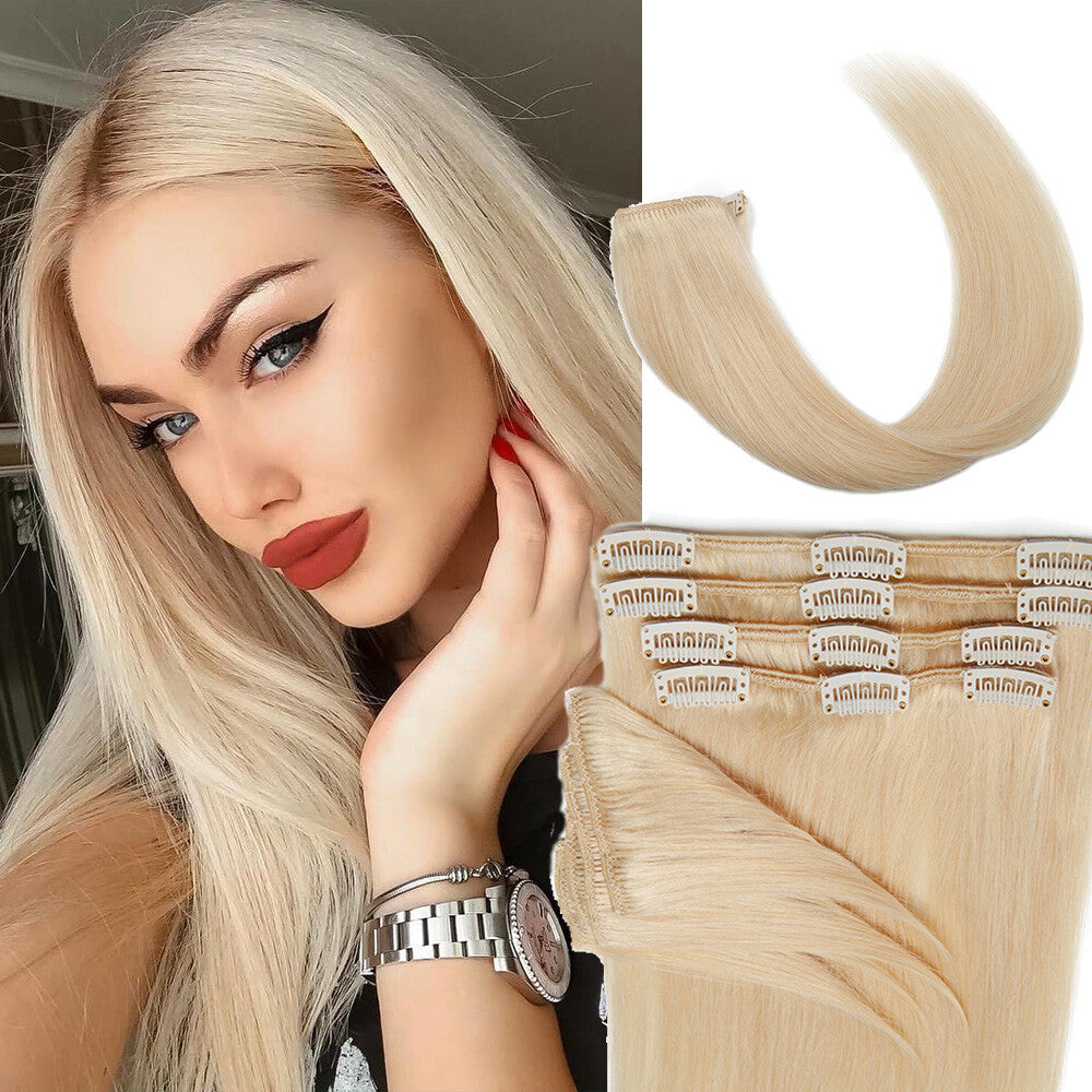 Clip-In Human Hair Extensions Full Head 8 Pieces Remy Hair for Volume & Length