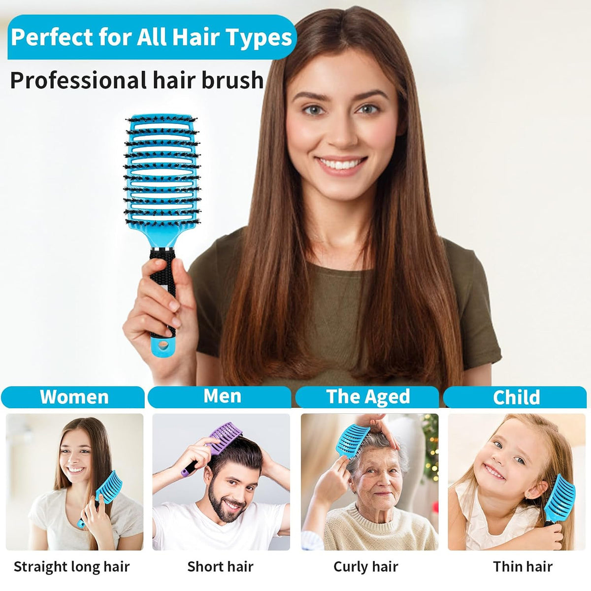 Boar Bristle Hair Brush Set of 2 for Detangling and Smoothing - Wet & Dry Hair