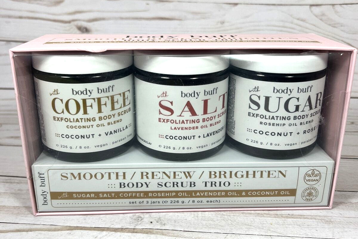 Body Buff Scrub Trio Coffee Salt Sugar Smooth Renew Brighten Coconut