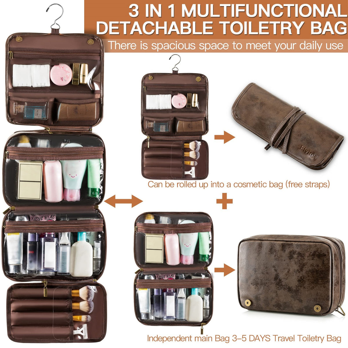 Travel Hanging Toiletry Bag with Removable Compartments - PU Leather Cosmetic Organizer
