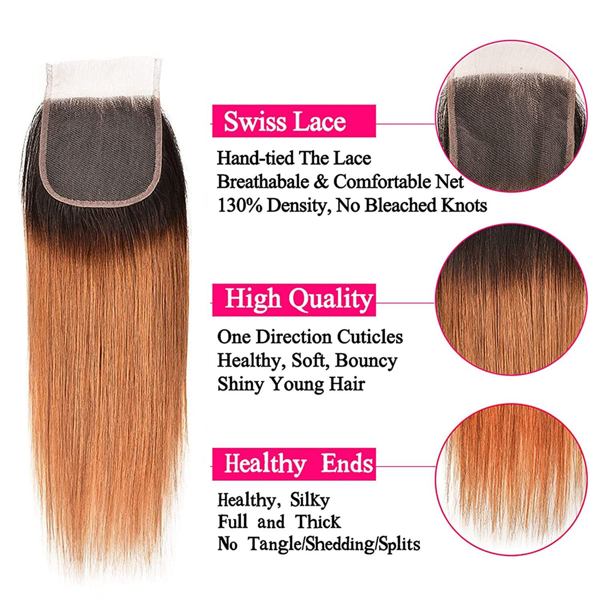 Ombre Straight Hair Extensions 3 Bundles with Closure - Natural Black, 8-30 Inch