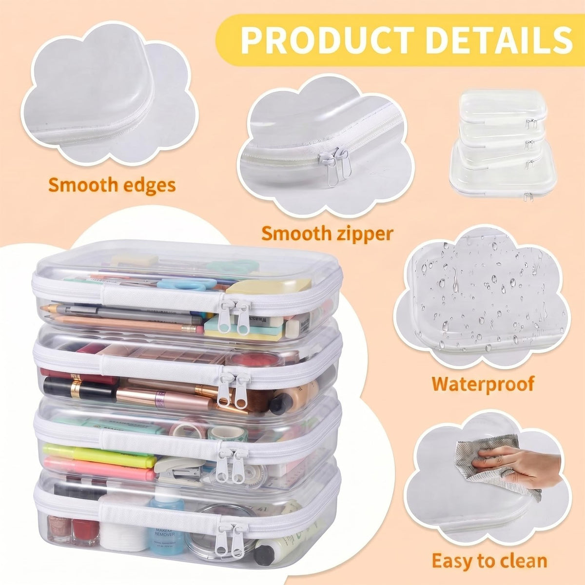 4 Pack Clear Hard Shell Zipper Cosmetic & Travel Organizer Bags 9.8x7.9 Inch