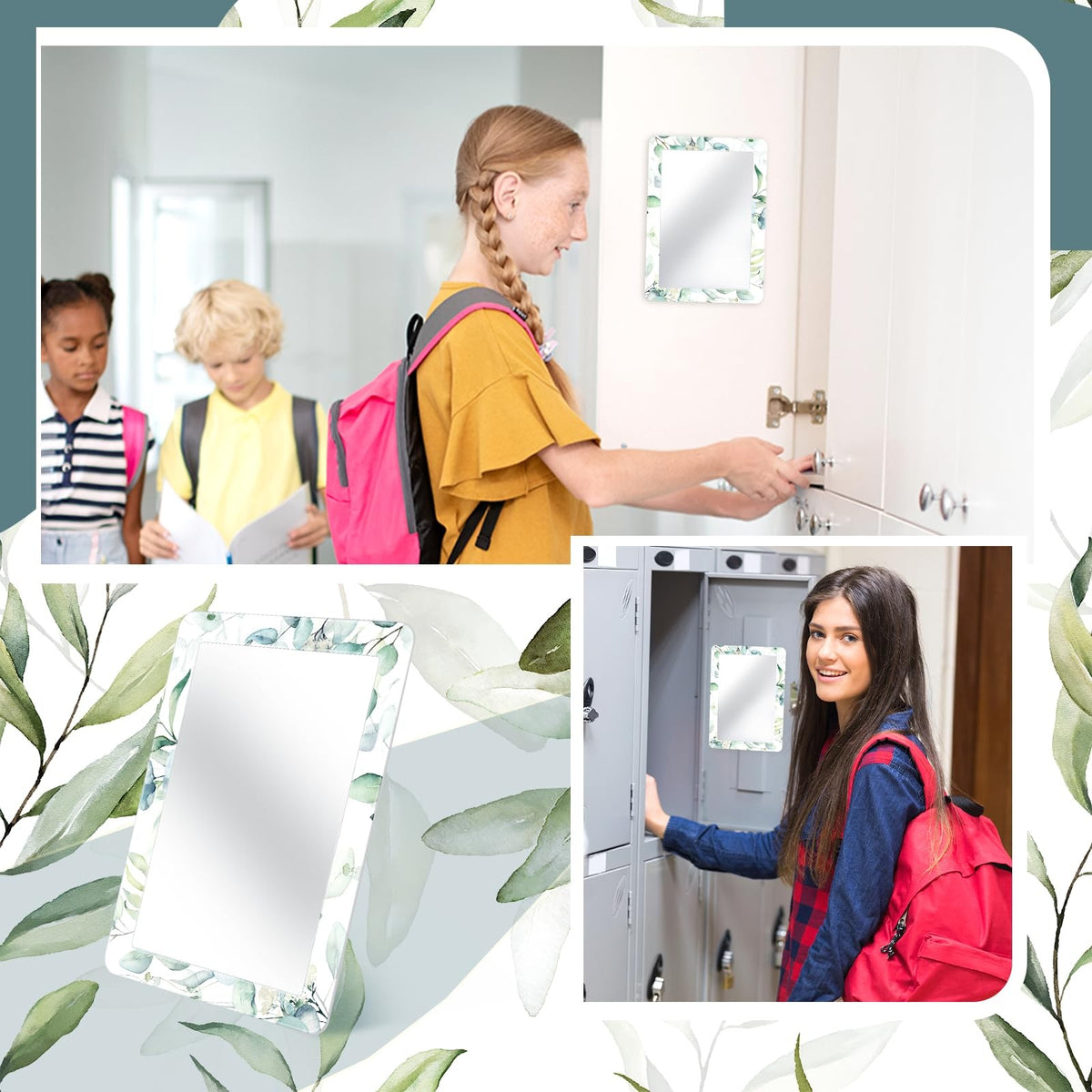 Magnetic Locker Mirror Set 7x5 Inch Green Flower & Leaf Design - Portable Makeup & Vanity Mirror