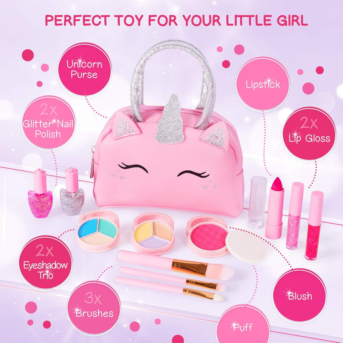 Kids Makeup Kit with Pink Unicorn Purse, Non-Toxic Washable Cosmetic Set for Girls